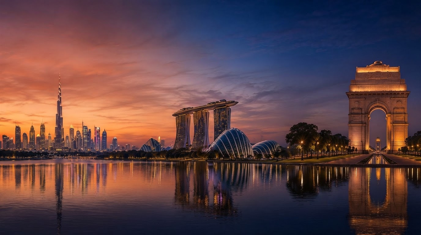 Composite skyline of Dubai, Singapore and Mumbai reflecting global investment markets across Asia-Pacific